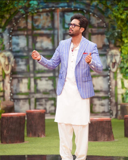 Blue Stripe Blazer with Kurta Shalwar