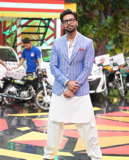 Blue Stripe Blazer with Kurta Shalwar