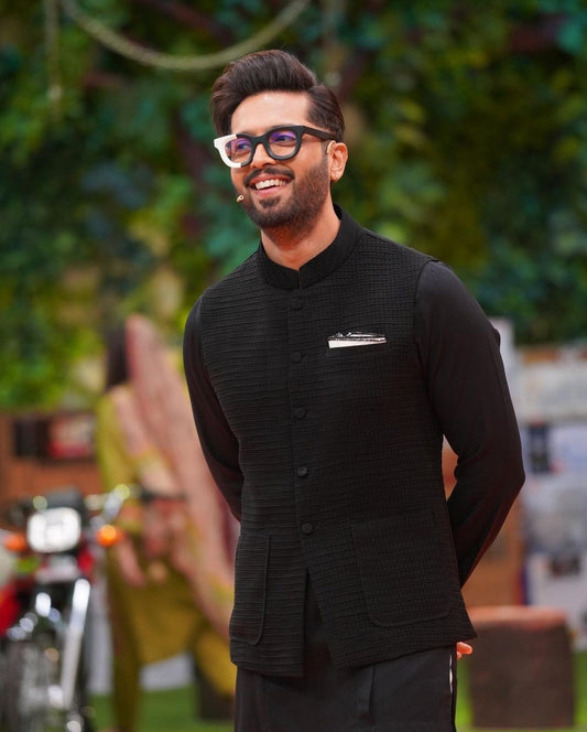 Black Embossed Waistcoat with Pleated Loop Kurta Trouser.