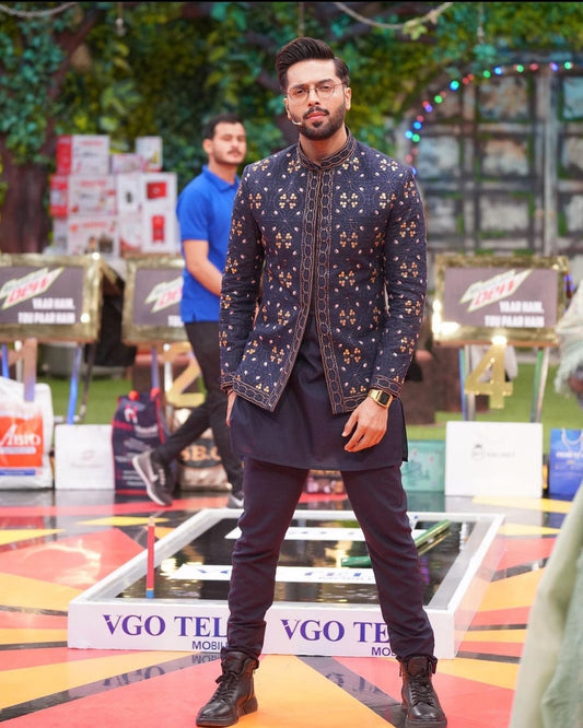 Navy Blue Embroidered Prince Coat