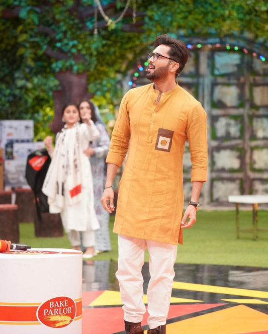 Mustard Kurta Trouser with Brown Cotton Silk Waistcoat.