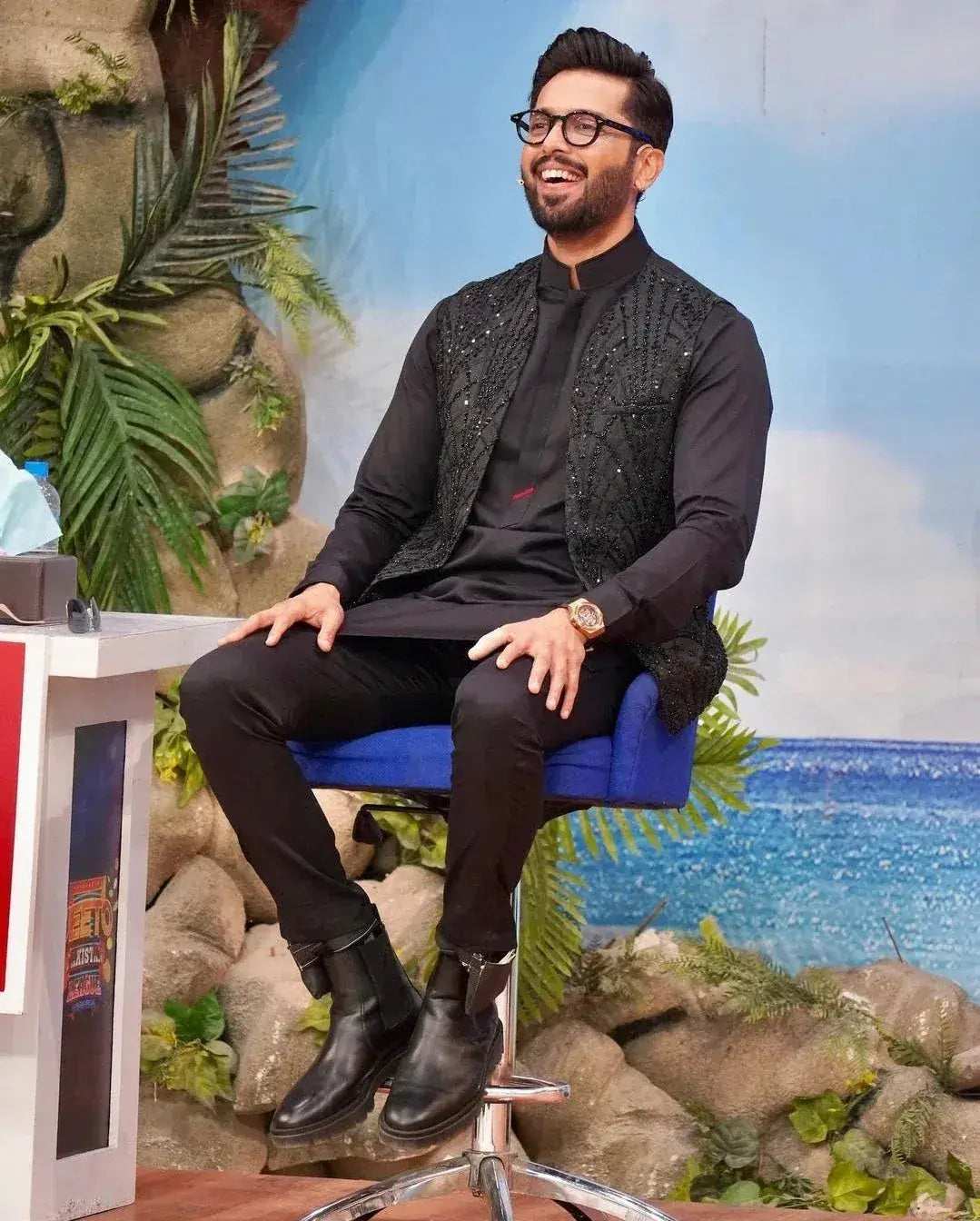 Black Egyptian Cotton Kurta Trouser with Hand Embroidered Waistcoat.