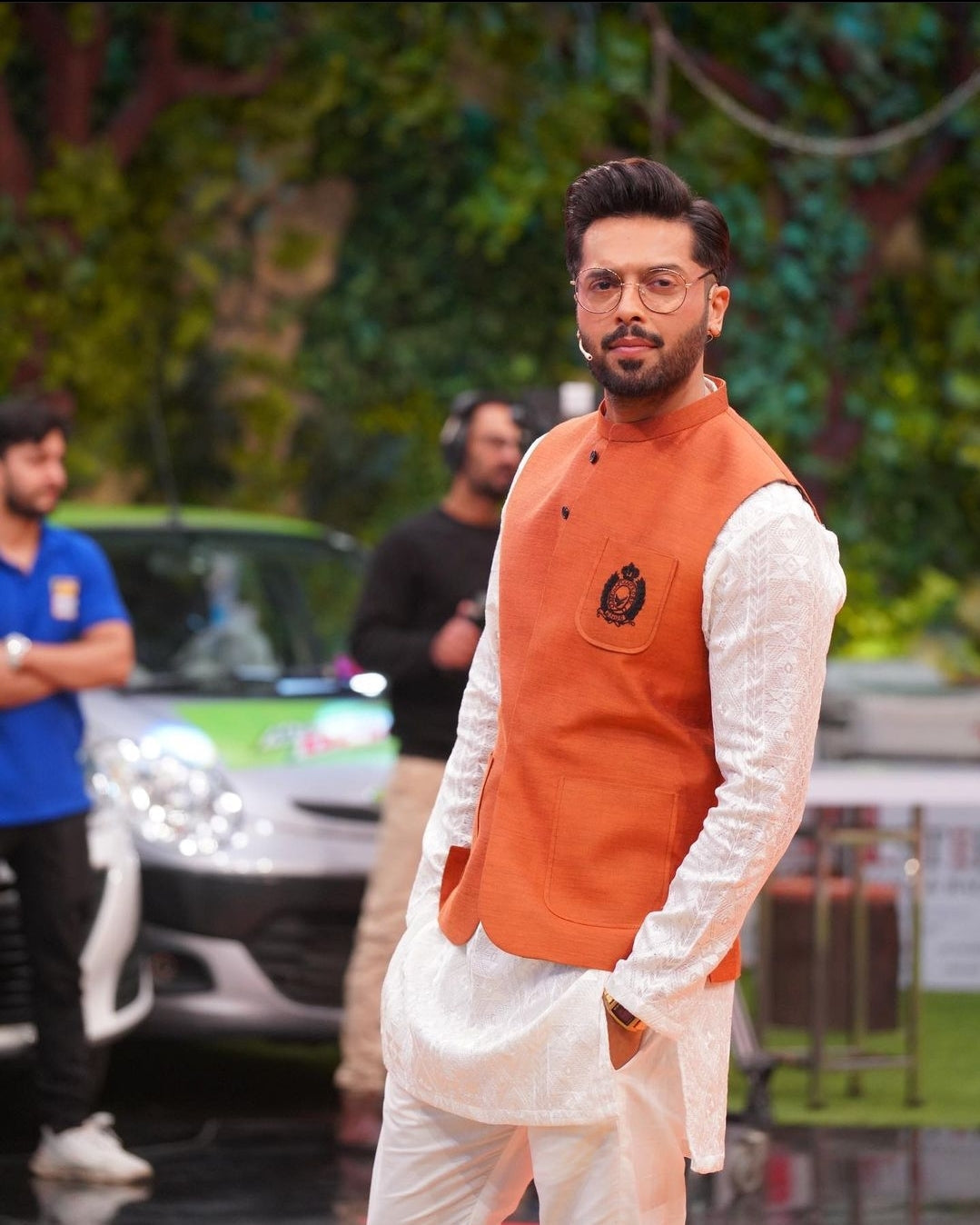 White Embroidered Kurta Trouser with Rust Waistcoat.