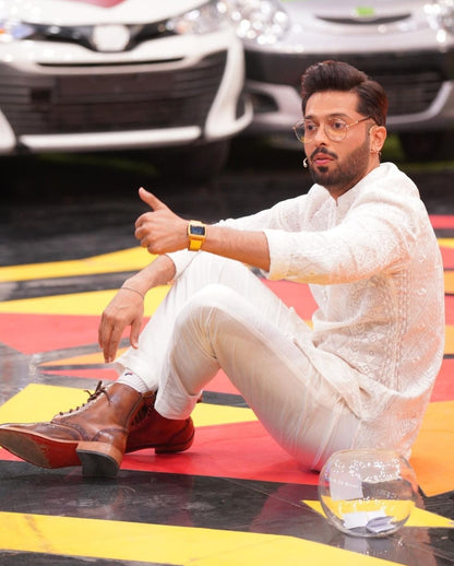 White Embroidered Kurta Trouser with Rust Waistcoat.