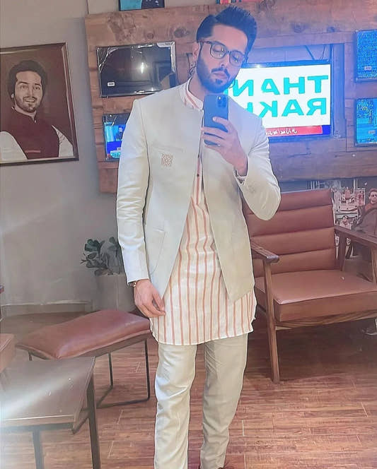 Pistachio Green Front Open with Rust Stripe linen Kurta & Pants. - Snug