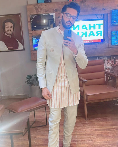 Pistachio Green Front Open with Rust Stripe linen Kurta & Pants.