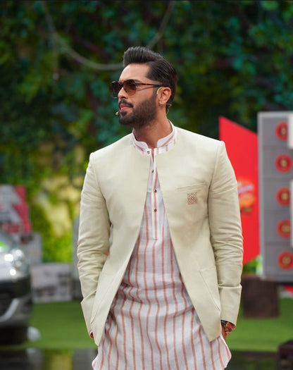 Pistachio Green Front Open with Rust Stripe linen Kurta & Pants.