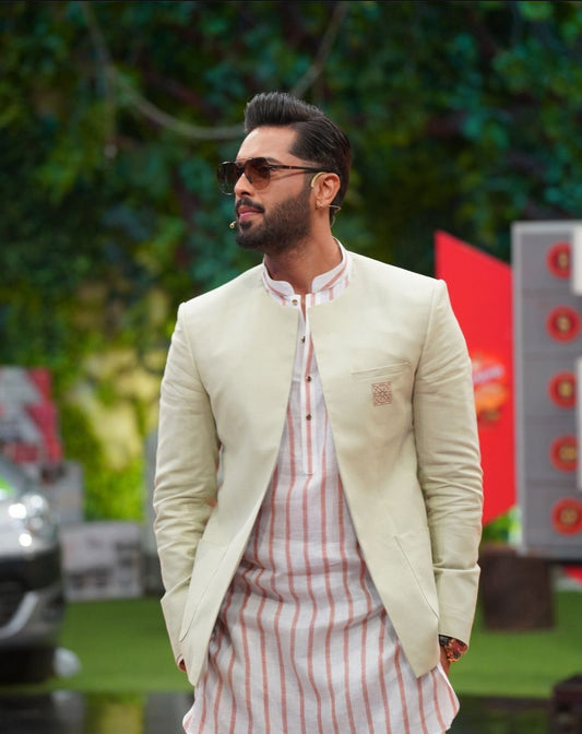 Pistachio Green Front Open with Rust Stripe linen Kurta & Pants.