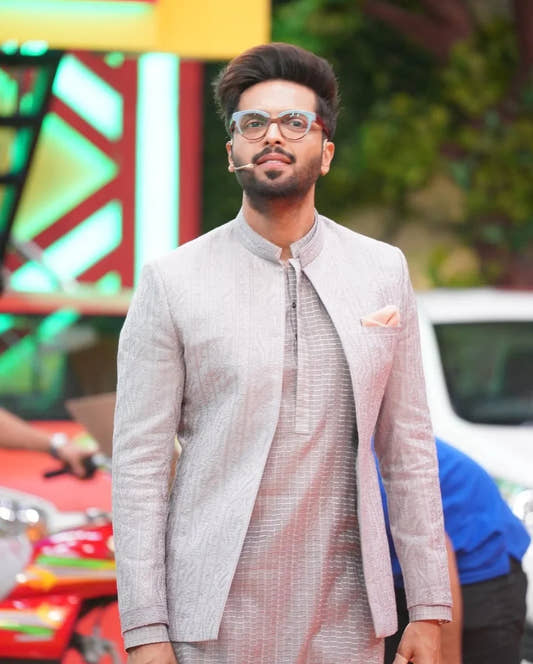 Grey Embroidered Front Open Outfit. - Snug