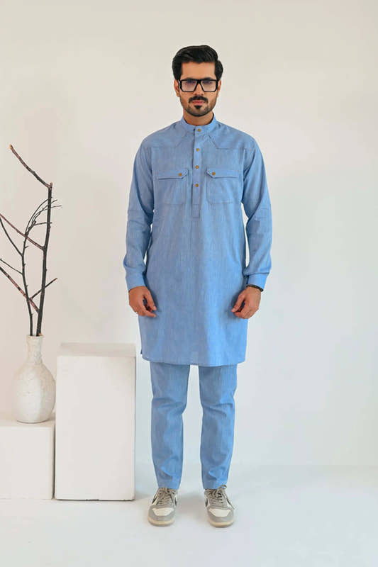 Sky Blue Linen Kurta Trouser - Snug