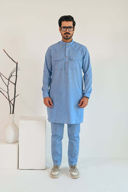 Sky Blue Linen Kurta Trouser