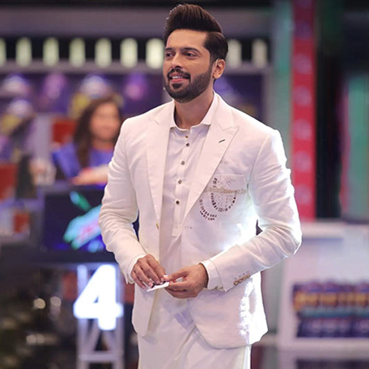 Fahad Mustafa Signatured Kurta and Shalwar with Embroidered Linen Non-Fused blazer By Snug