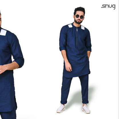 Blue linen with white patches Kurta trouser.