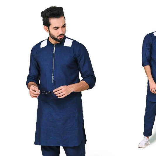 Blue linen with white patches Kurta trouser. - Snug