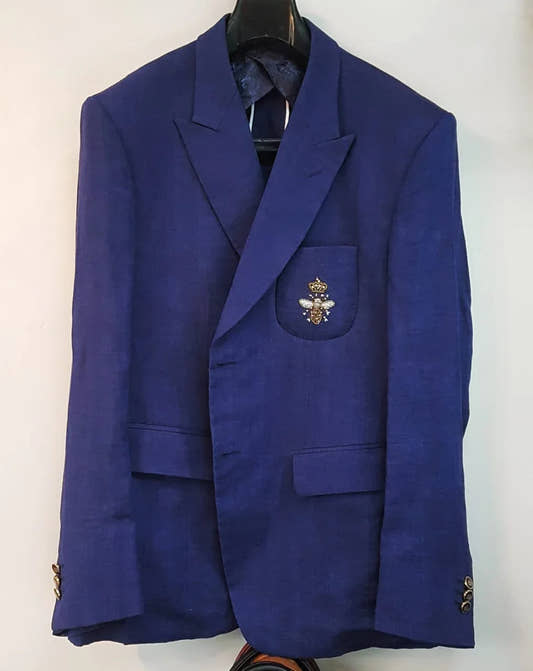 Hand Embroidered Linen Half Lining Royal Blue Coat By Snug - Snug