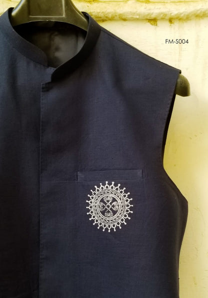 Grey Sufi Kurta Trouser With Navy Blue Chest Motif Waistcoat