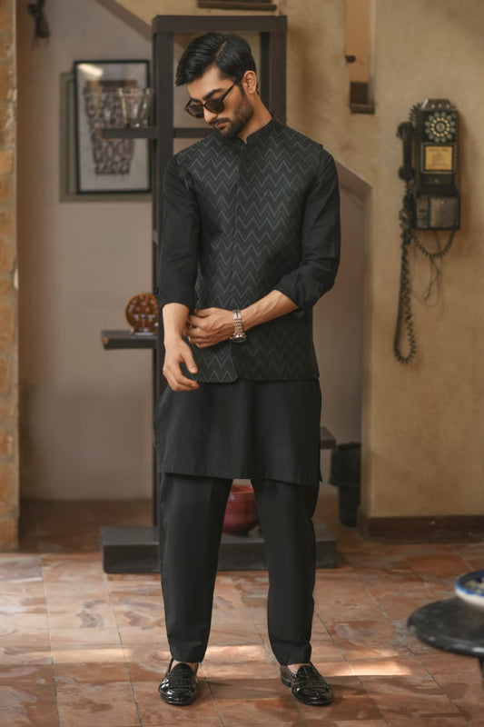 Hunter Green Arrow Pattern Waistcoat with Black Loop Kurta Trouser.