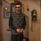 Golden Embroidered Waistcoat with Black Loop Kurta Trouser. - Snug