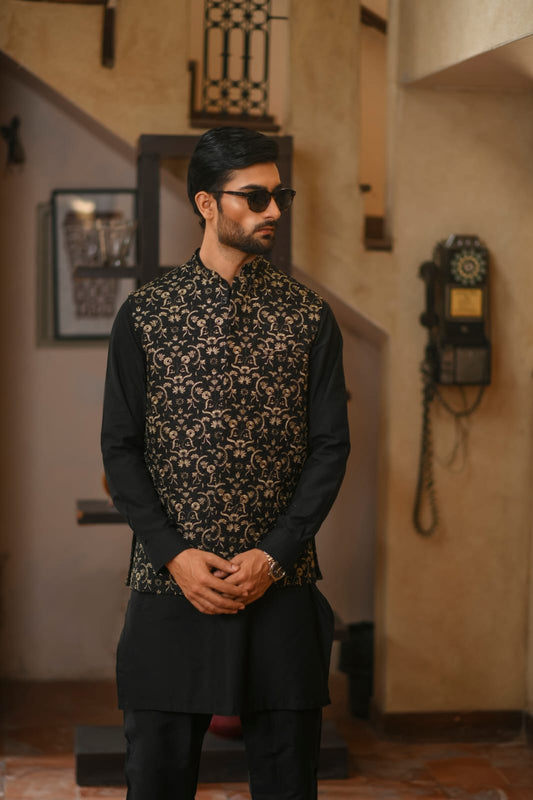 Golden Embroidered Waistcoat with Black Loop Kurta Trouser.