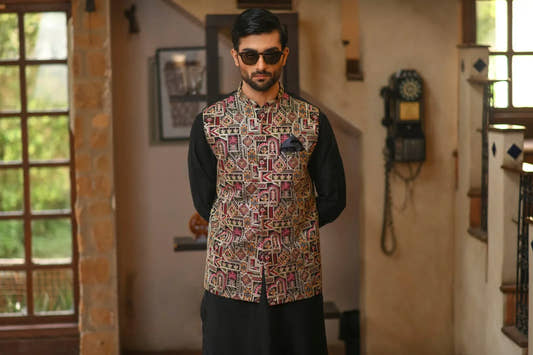 Multi Embroidered Waistcoat with Black Loop Kurta Trouser. - Snug