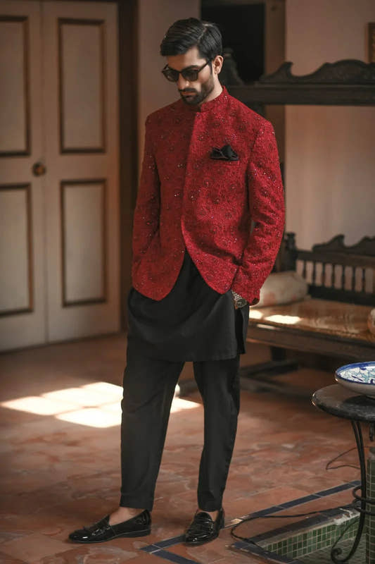 Maroon Hand Embroidered Prince Coat with Black Loop Kurta Trouser. - Snug