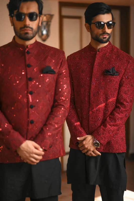 Maroon Hand Embroidered Prince Coat with Black Loop Kurta Trouser. - Snug