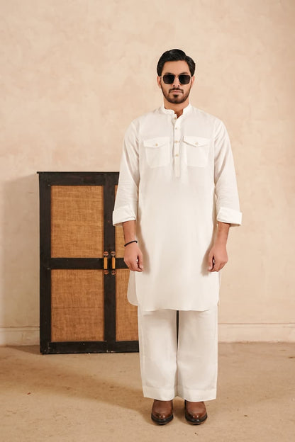 Linen Double Pocket Kurta with Loose Trouser.