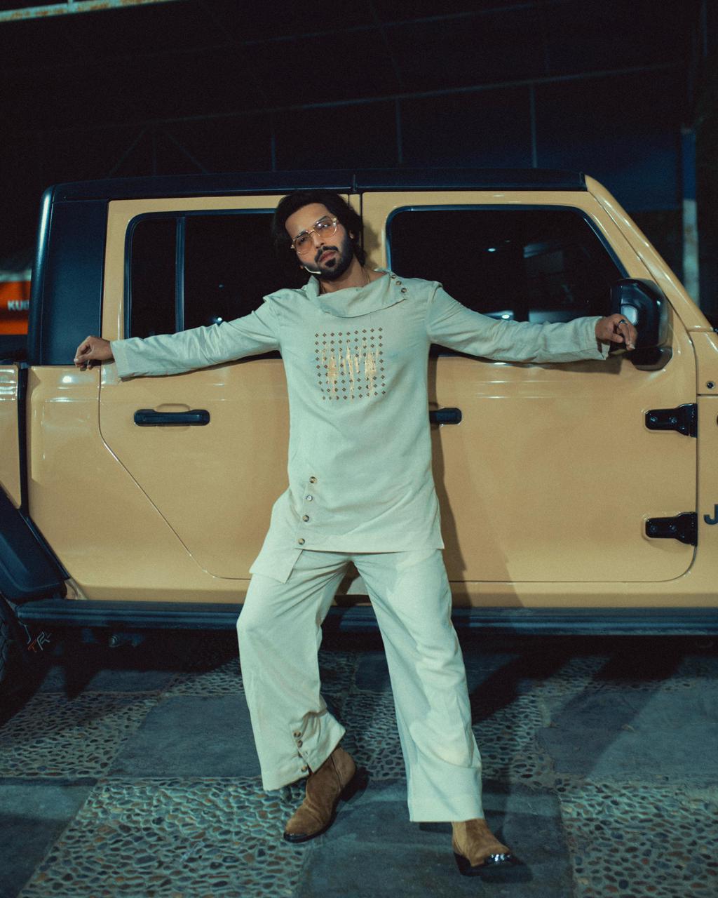 Beige Linen Kurta Trouser for Men – Turtle Neck Loose Fit | Fahad Mustafa Style
