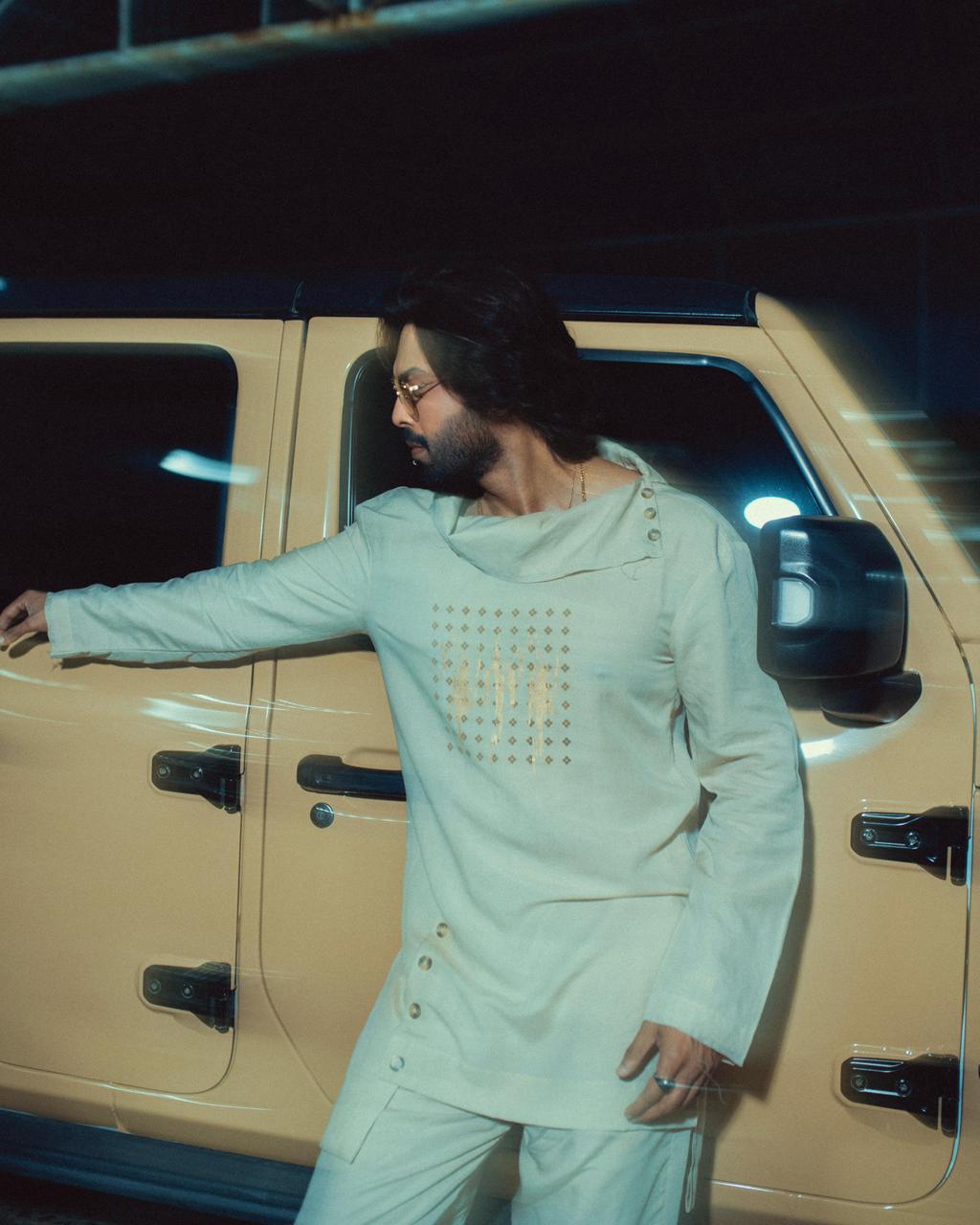 Beige Linen Kurta Trouser for Men – Turtle Neck Loose Fit | Fahad Mustafa Style