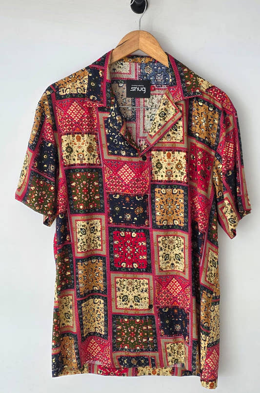 Snug Boho Patchwork Shirt men’s lightweight gauzy summer button-up shirt with patchwork print