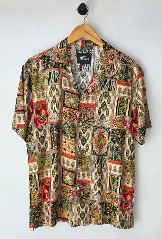 Snug Patchwork Paisley Gauzy Shirt men’s lightweight summer button-up shirt with boho paisley print