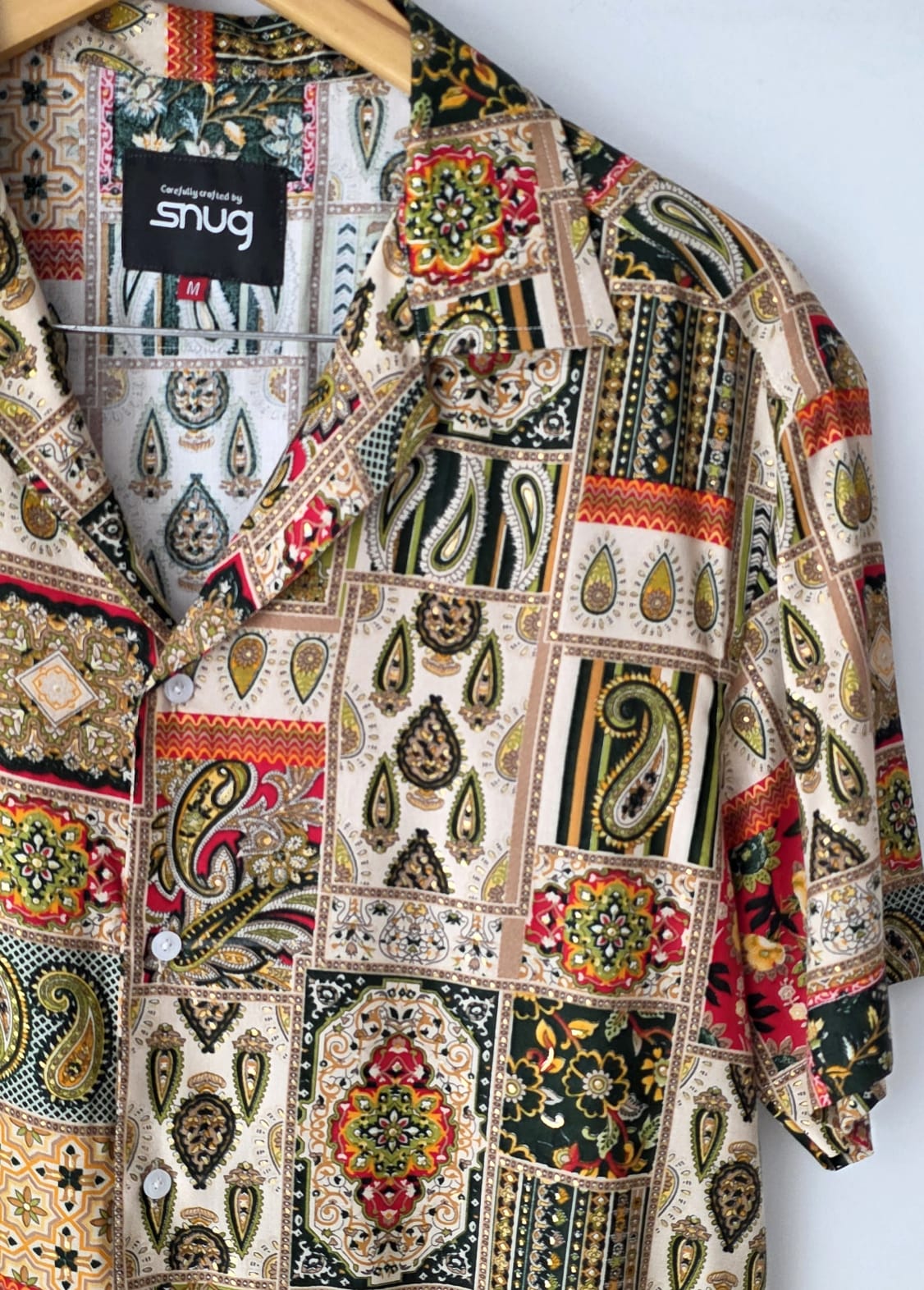 Snug Patchwork Paisley Gauzy Shirt men’s lightweight summer button-up shirt with boho paisley print