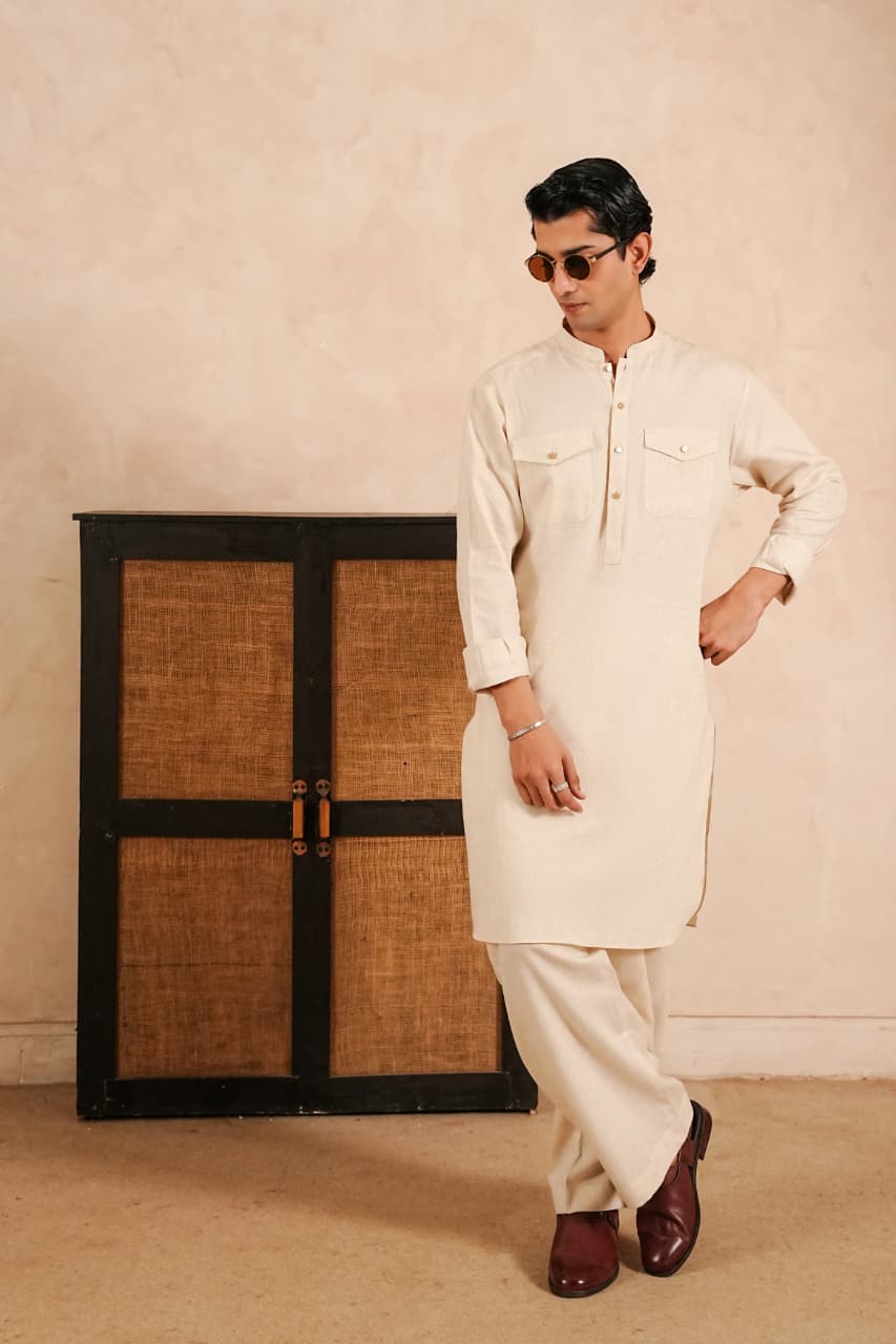 Linen Double Pocket Kurta with Loose Trouser.