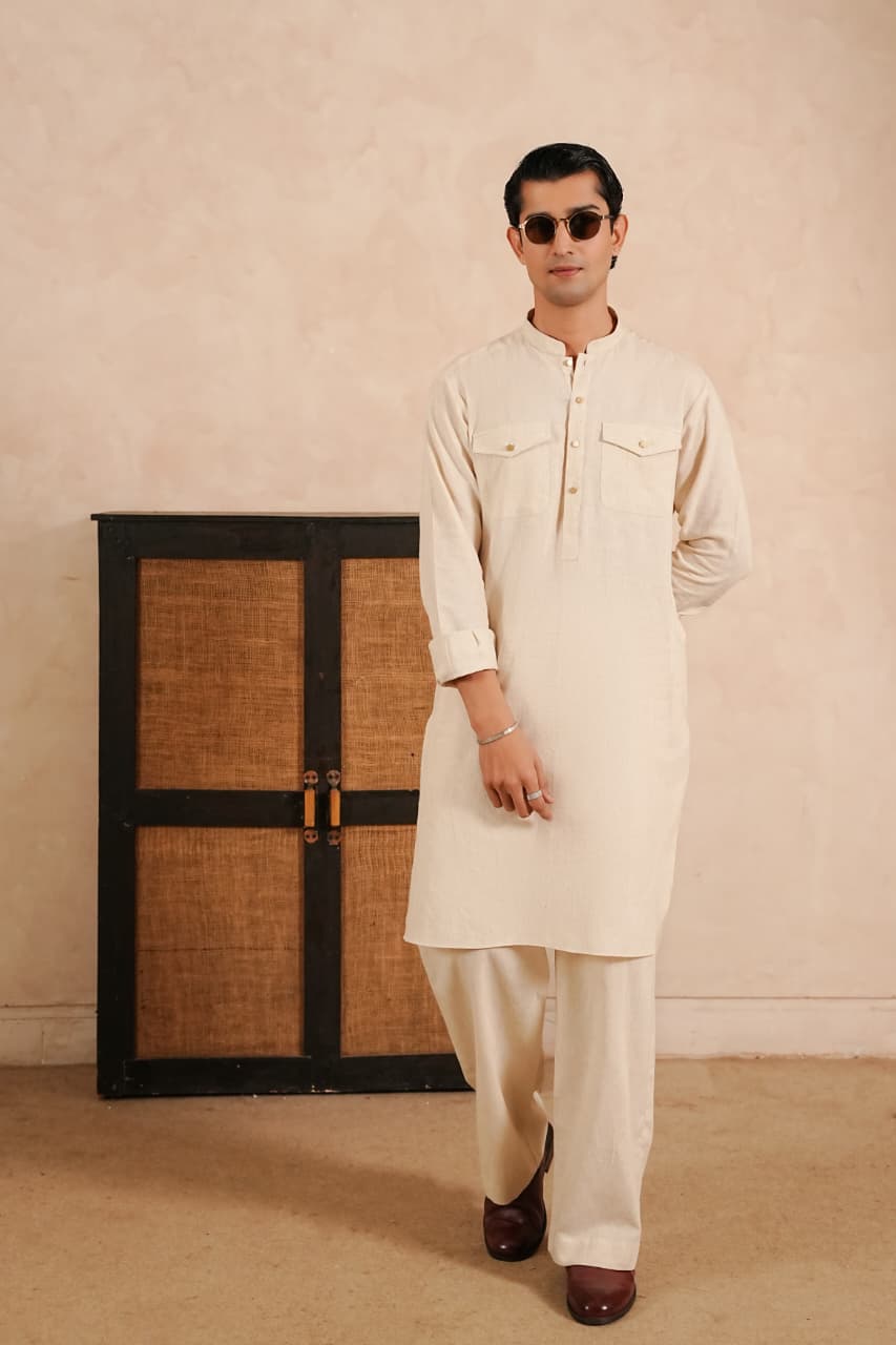 Linen Double Pocket Kurta with Loose Trouser.