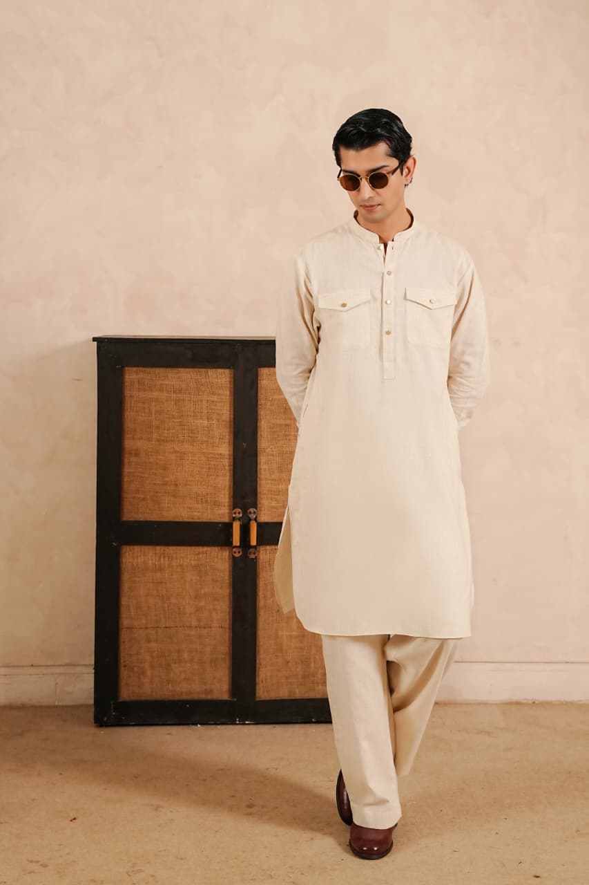 Linen Double Pocket Kurta with Loose Trouser.