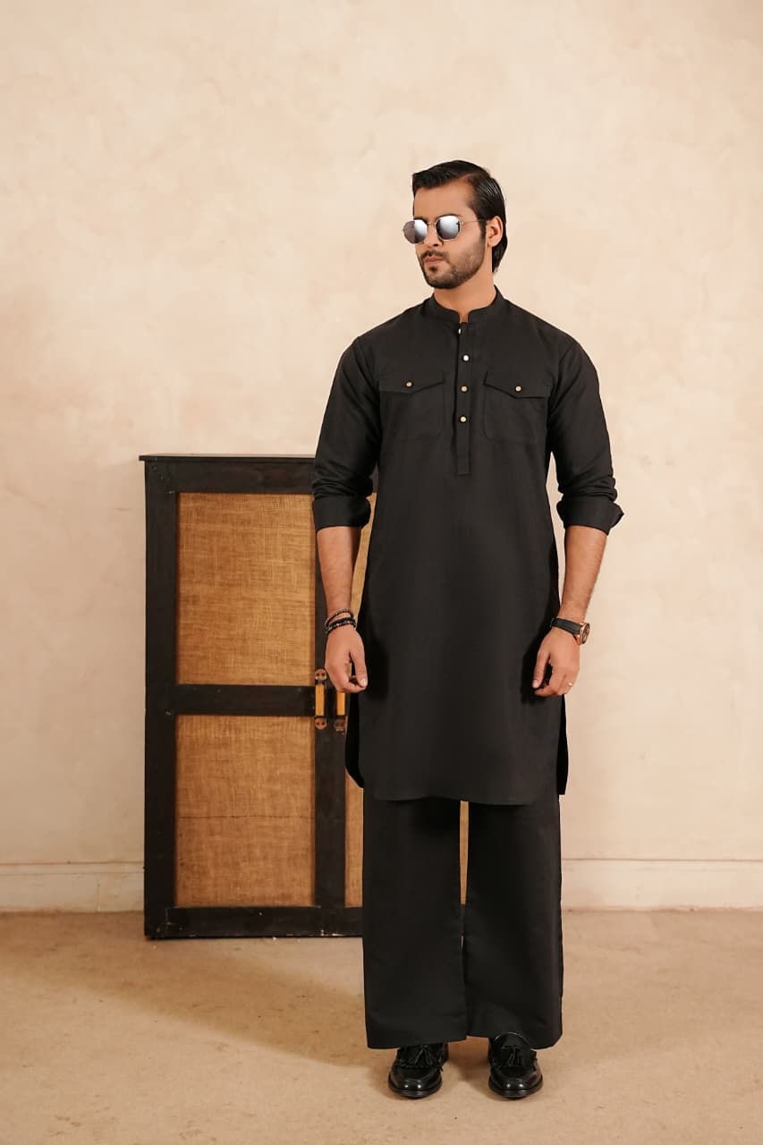 Linen Double Pocket Kurta with Loose Trouser.