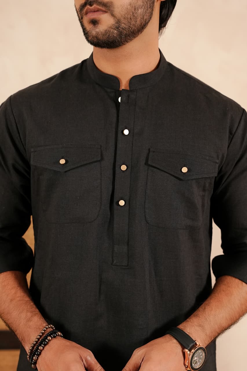 Linen Double Pocket Kurta with Loose Trouser.