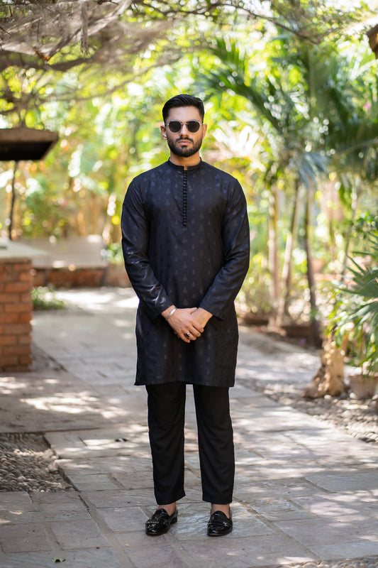 Artisan Black Embossed Kurta Trouser.