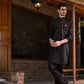 Rustic Elegance: Fahad Mustafa Black Linen Kurta, Trouser & Waistcoat Ensemble. - Snug
