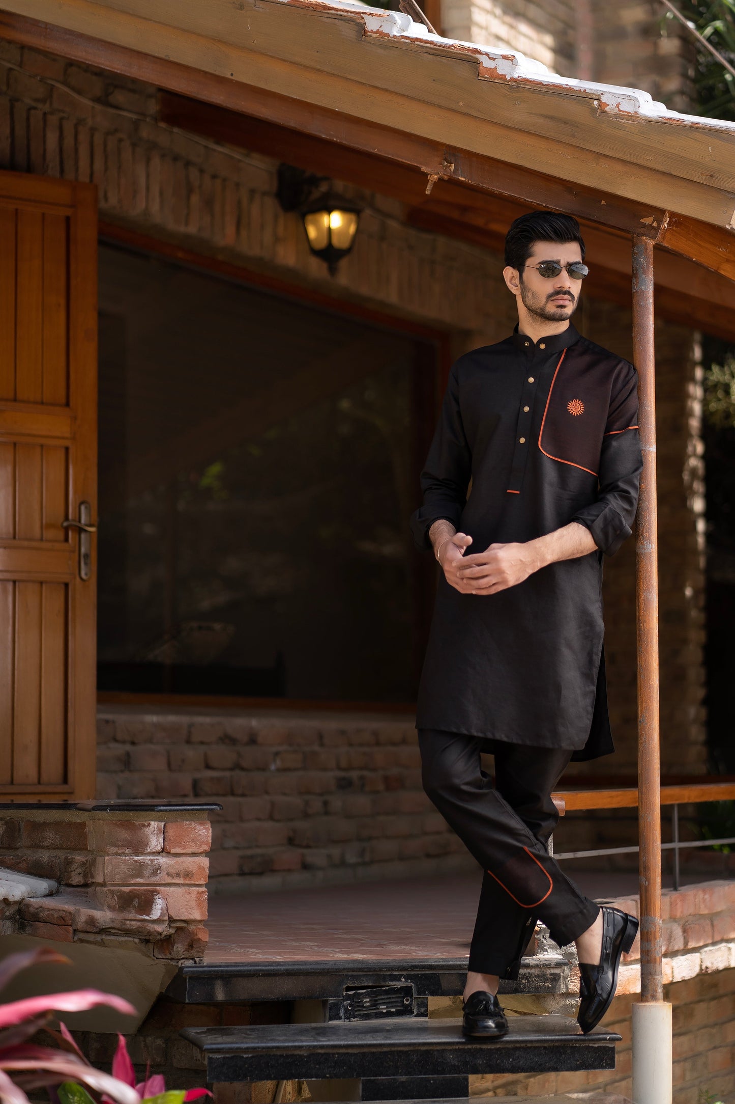 Rustic Elegance: Fahad Mustafa Black Linen Kurta, Trouser & Waistcoat Ensemble.