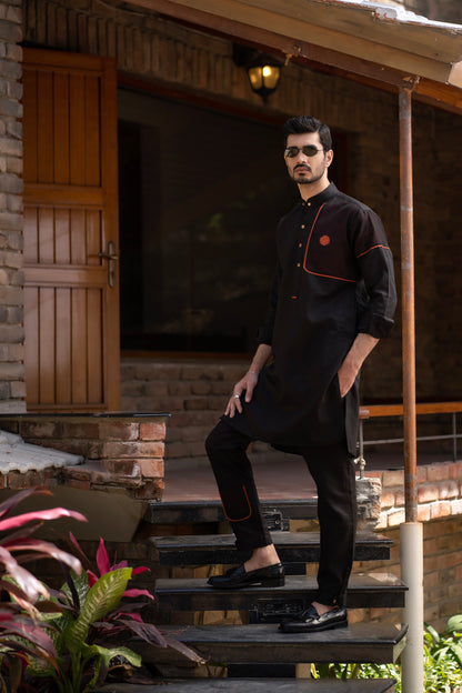 Rustic Elegance: Fahad Mustafa Black Linen Kurta, Trouser & Waistcoat Ensemble.