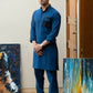 Royal Blue Linen Eagle Print Kurta Trouser Set with Waistcoat - Fahad Mustafa Collection.