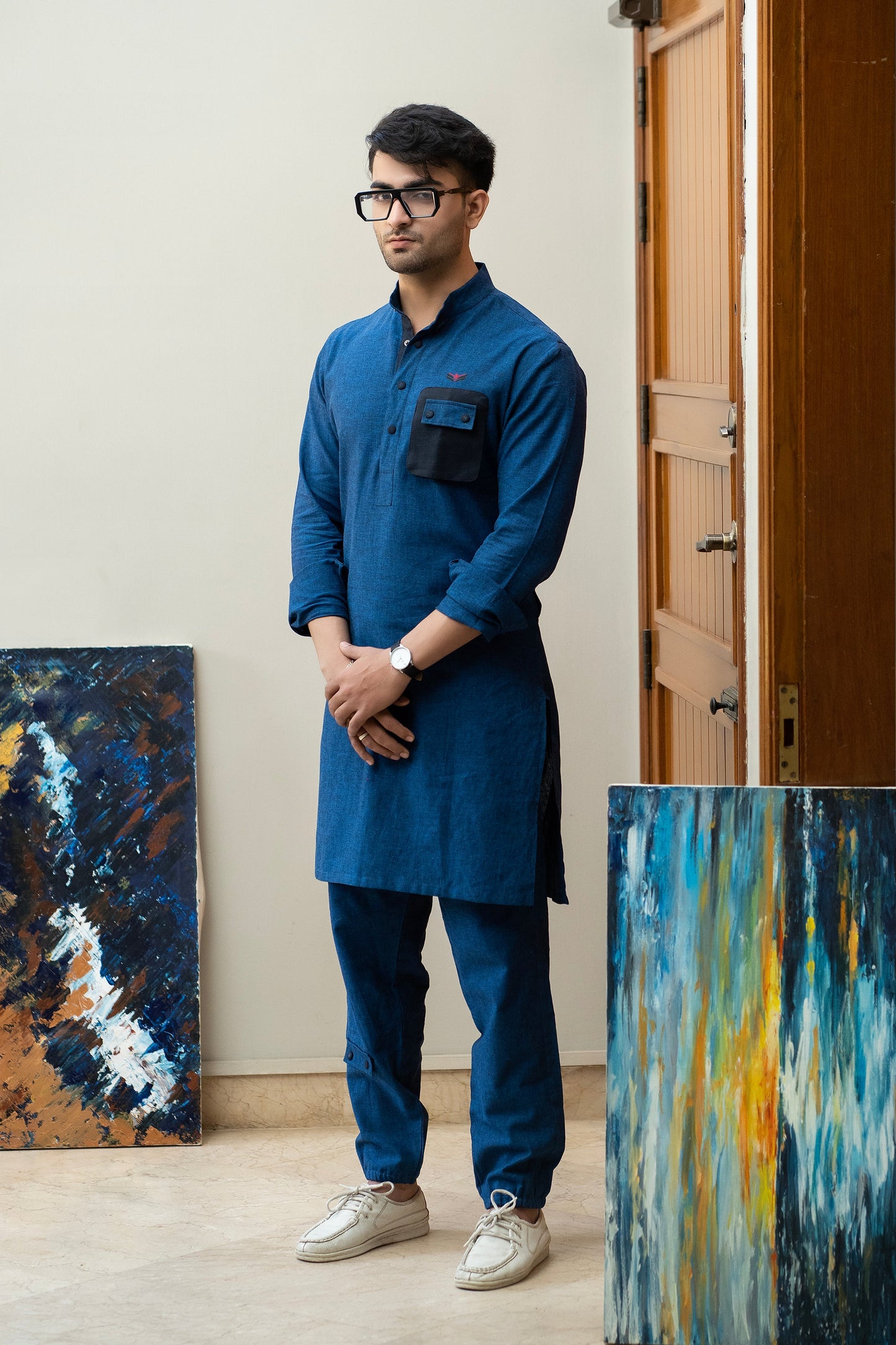 Royal Blue Linen Eagle Print Kurta Trouser Set with Waistcoat - Fahad Mustafa Collection.