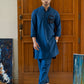 Royal Blue Linen Eagle Print Kurta Trouser Set with Waistcoat - Fahad Mustafa Collection.
