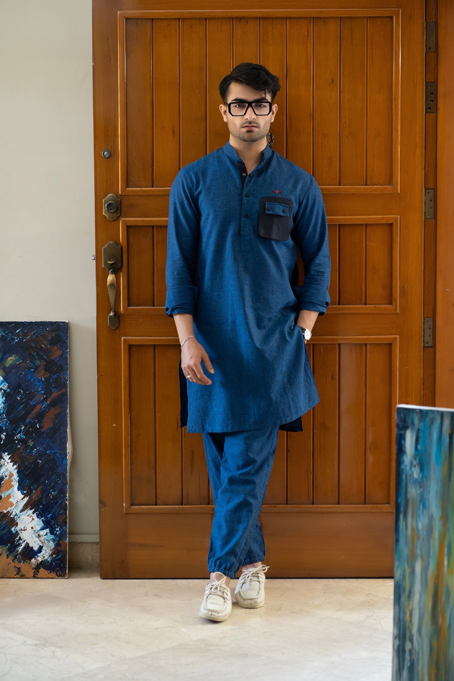 Royal Blue Linen Eagle Print Kurta Trouser Set with Waistcoat - Fahad Mustafa Collection.