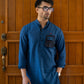 Royal Blue Linen Eagle Print Kurta Trouser Set with Waistcoat - Fahad Mustafa Collection.