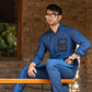 Royal Blue Linen Eagle Print Kurta Trouser Set with Waistcoat - Fahad Mustafa Collection.