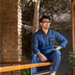 Royal Blue Linen Eagle Print Kurta Trouser Set with Waistcoat - Fahad Mustafa Collection.