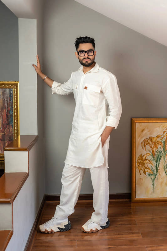 Chic White Linen Kurta Trousers Combo with Dual Pockets - Snug