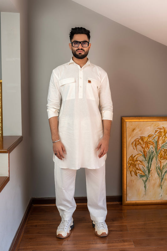 Chic White Linen Kurta Trousers Combo with Dual Pockets